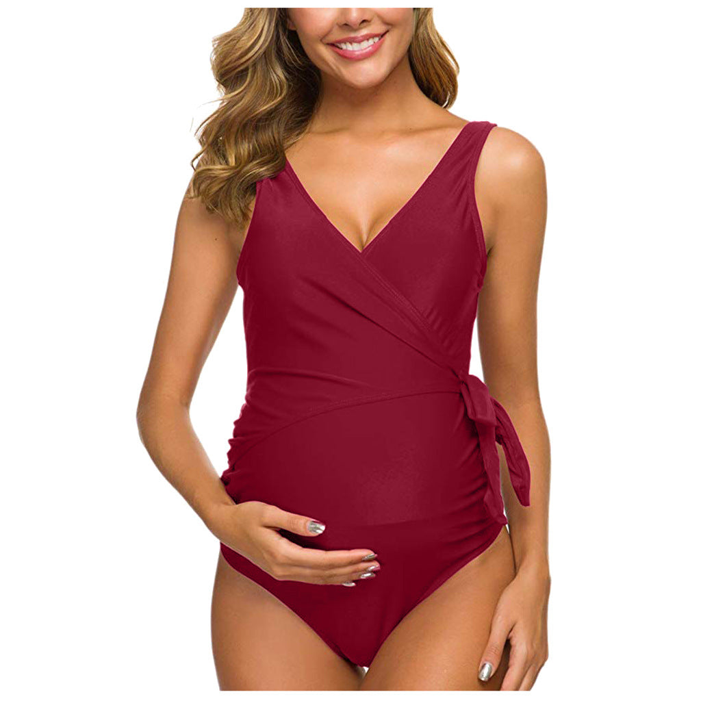 Maternity One-Piece Bathing Suit with a Tieable Bow on the Side: Extended Sizes Available / Swimwear