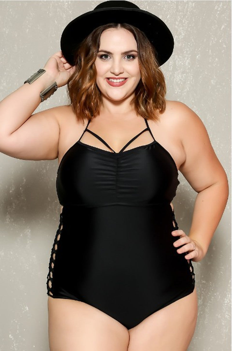 One-Piece Bathing Suit Criss-Cross on the Sides / Swimsuit: Extended Sizes Available