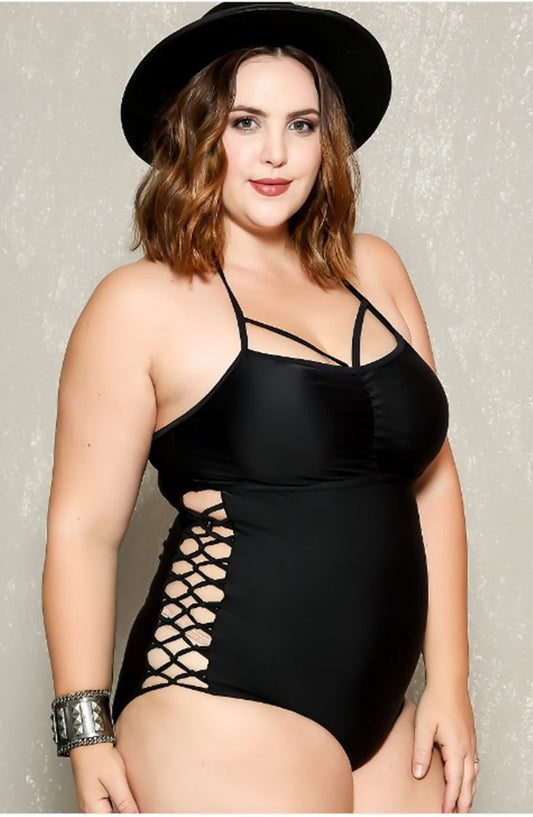 One-Piece Bathing Suit Criss-Cross on the Sides / Swimsuit: Extended Sizes Available